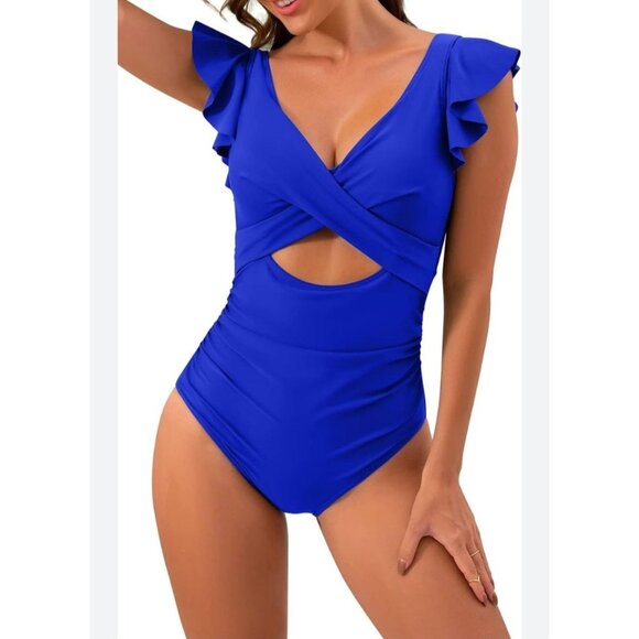B2prity Womens One Piece Swimsuit Ruffle Cutout Bathing Suit XL Blue Beach Pool - Picture 1 of 10
